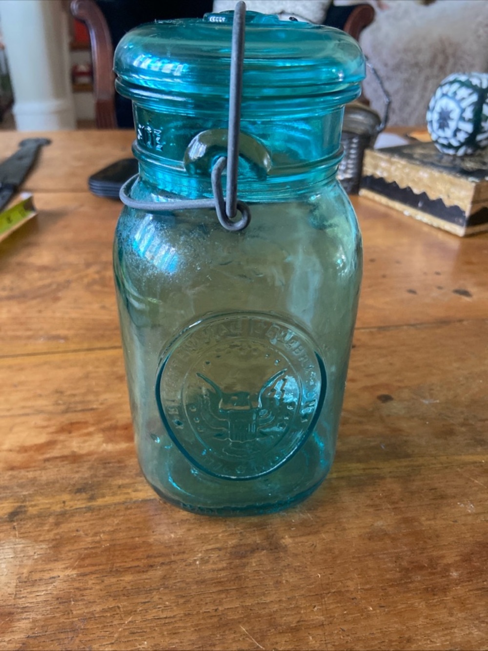 Vintage 1976 Bicentennial Ball Blue Glass Storage Jar with Lid